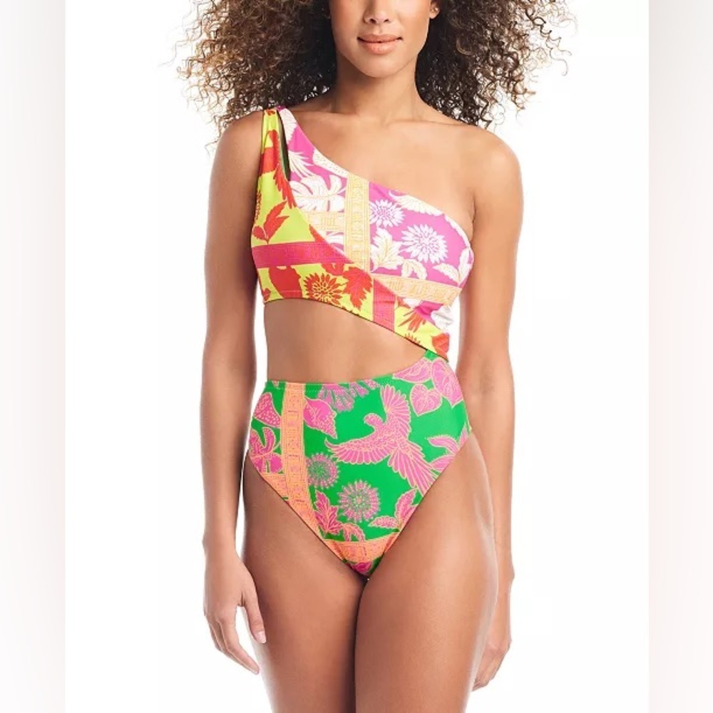 NWT Bar III One-Shoulder Tropical Print One Piece - Pink, Green, Yellow